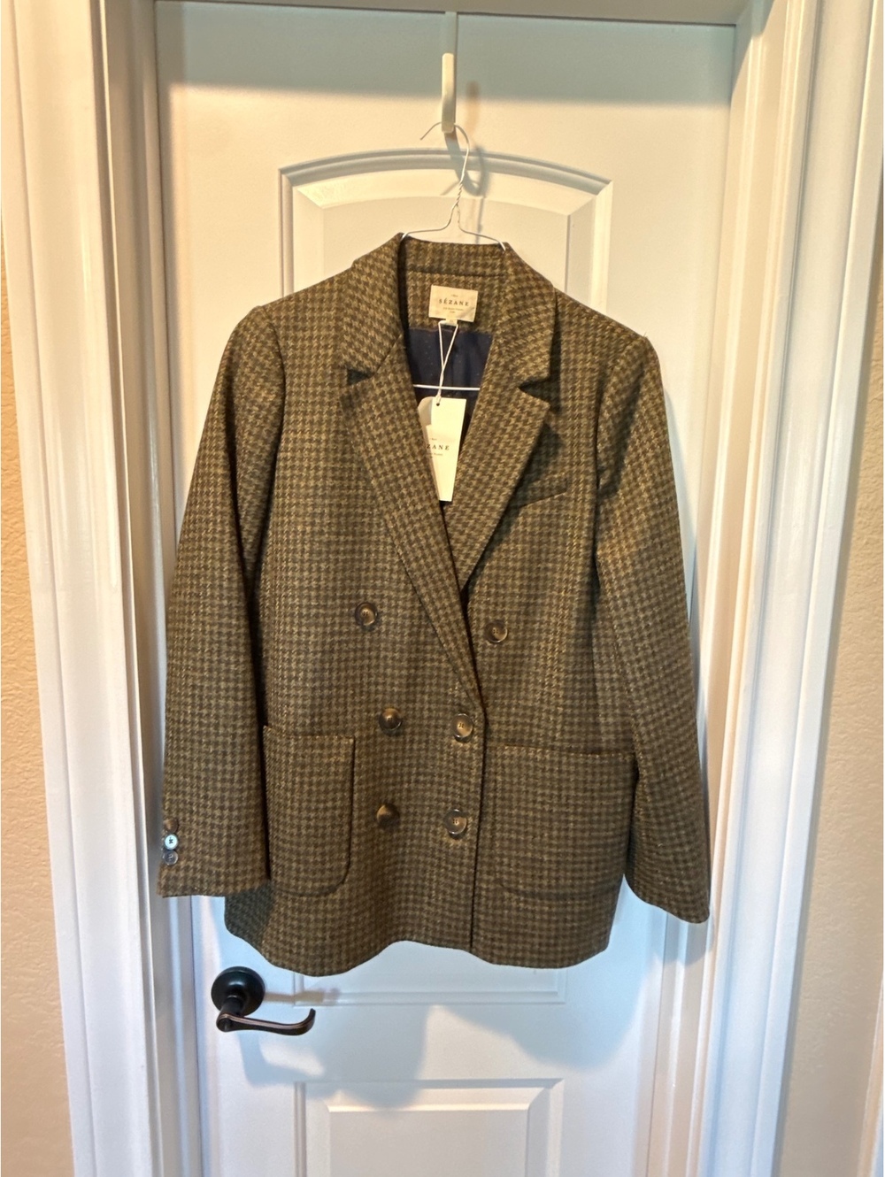 Sézane Michele Blazer US 6 Khaki Houndstooth 100% Wool Double Breasted NWT